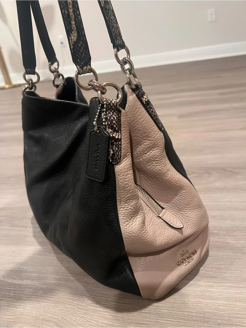 Coach Phoebe Colorblock Leather Shoulder Bag Python Trim F38251 Black Taupe